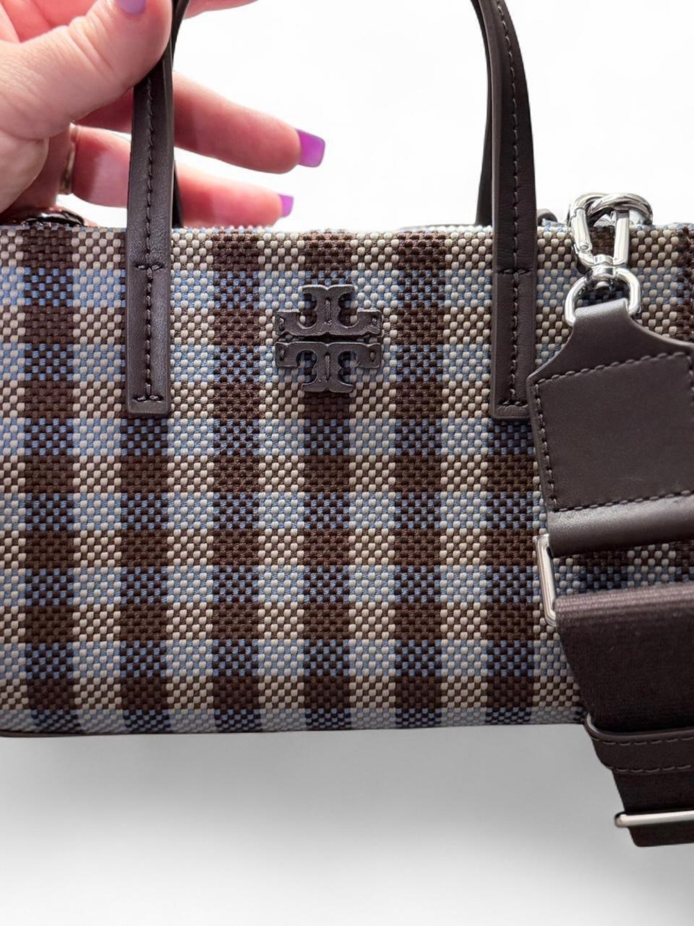 Tory Burch Brown & Light Blue Plaid Mini Blake Tote with Leather Trim